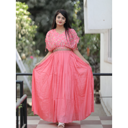 Women Pink Handwork Printed Georgette Gown