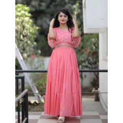 Women Pink Handwork Printed Georgette Gown