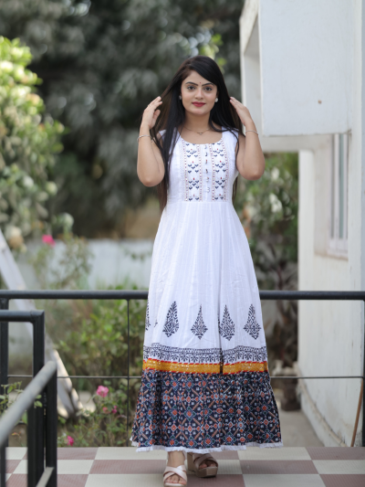 Women White Cotton Embroidered Mirror Work Gown