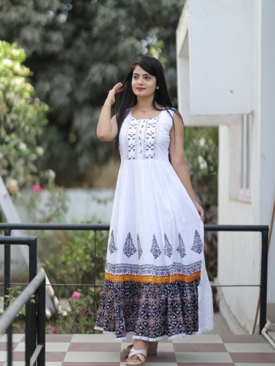 Women White Cotton Embroidered Mirror Work Gown